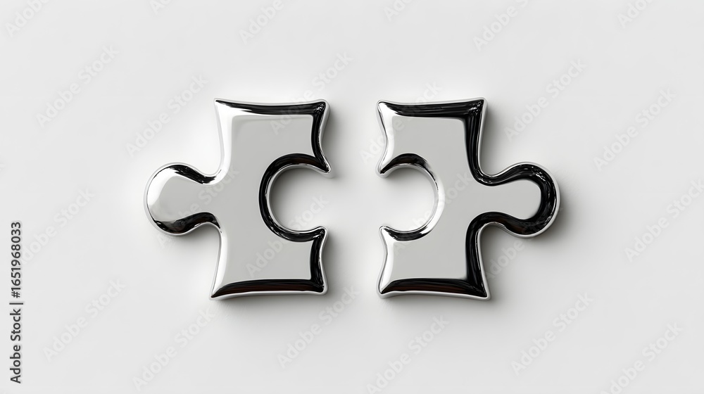Obraz premium Two Interlocking Silver Puzzle Pieces on a Clean White Surface Representing Connection and Teamwork
