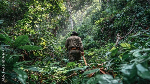Jungle explorer carefully making their way through dense underbrush using a machete to clear a path in wild tropical forest