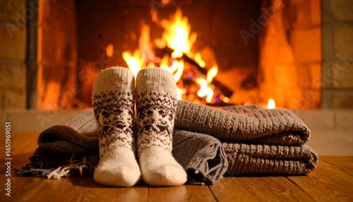 Knitted blanket and wool socks near fireplace, cozy autumn night at home, warm orange lighting, lifestyle stock photo