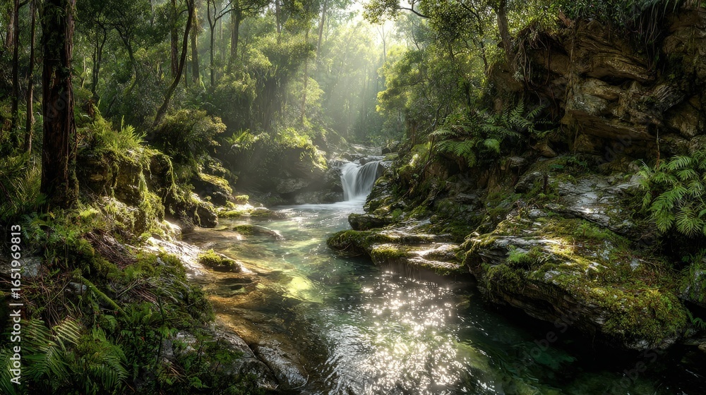 Jungle waterfall flowing into a winding river, with sunlight creating sparkling reflections on the moving water and dense jungle lining the banks Jungle waterfall flowing into a winding river, with sunlight creating sparkling reflections on the moving water and dense jungle lining the banks