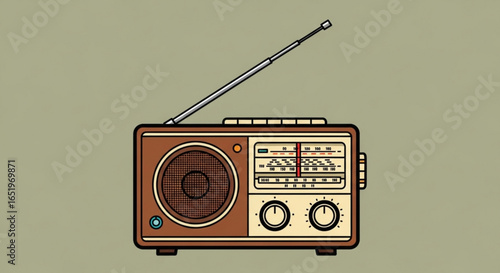 Illustration of a vintage radio with antenna, speaker, and dials for tuning into music and broadcasts