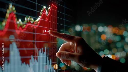 Financial chart and graph showing wage pressure with hand pointing at rising economic data on digital screen for business analysis