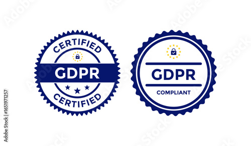 GDPR certified compliant badges template and logos features a padlock and EU stars. Suitable for websites, mobile apps, and corporate documents, privacy policy pages, consent forms 