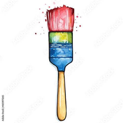 Colorful Watercolor Paintbrush with Red Bristles and Wooden Handle Artistic Design