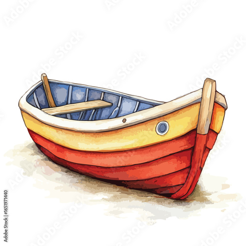 Colorful Wooden Rowboat with Red Yellow and Blue Interior Detail