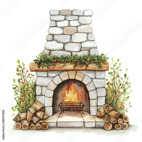 Cozy Stone Fireplace with Burning Logs Greenery Garland and Stacked Firewood