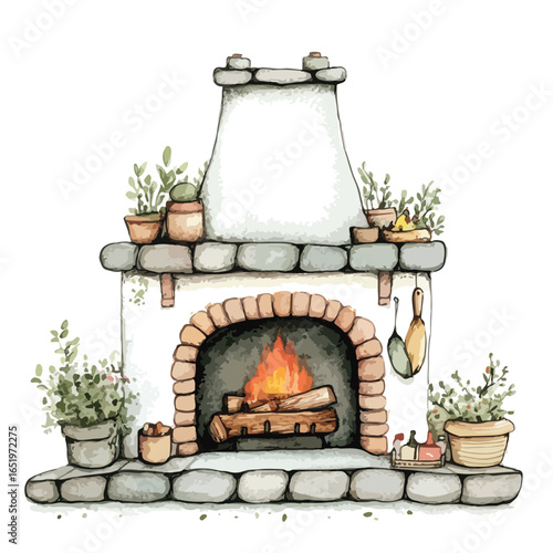 Cozy Watercolor Fireplace with Burning Fire Plants and Rustic Charm