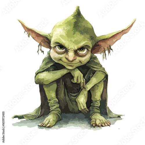 Crouching Green Goblin with Pointed Head and Large Ears Arms Crossed