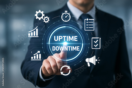 Uptime downtime web business technology concept. Businessman clicks a uptime downtime words button on a virtual modern.