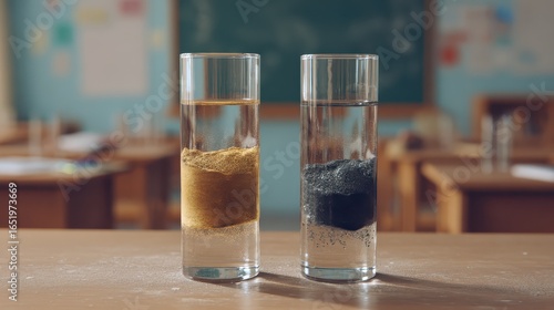 Science Experiment with Water, Sand and Iron Filings in Classroom