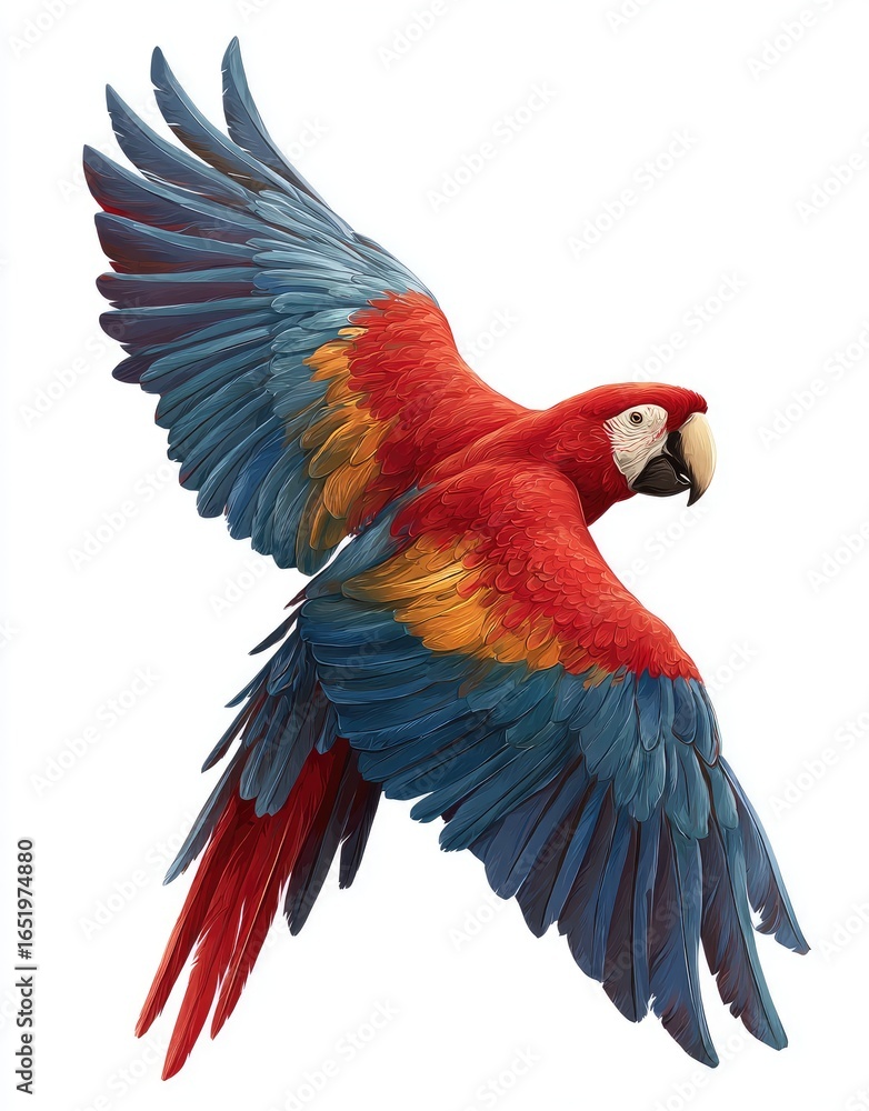 Fototapeta premium Vivid red and blue macaw in flight