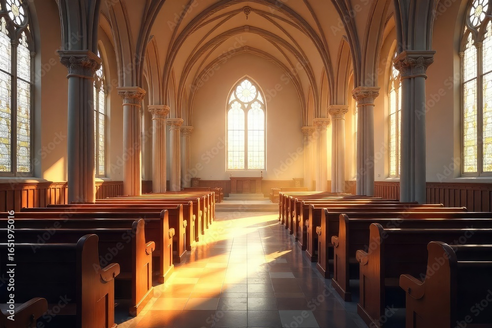 Fototapeta premium Serene interior of a church, bathed in soft light, focusing on a quiet prayer area Perfect for themes of peace, faith, spirituality, and contemplation , belief, light