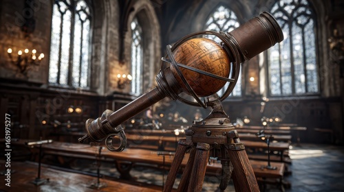 Vintage Telescope with Globe in Historical Library Interior