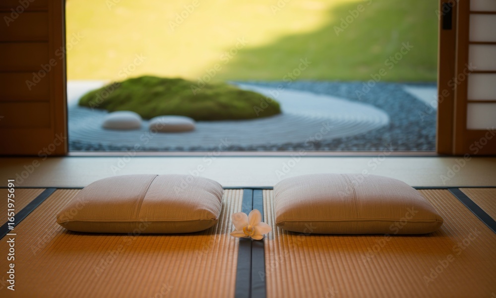 Fototapeta premium Tranquil zen garden room with cushions