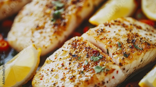 Wallpaper Mural Grilled Fish Fillets with Lemon Slices and Spices on a Plate Torontodigital.ca