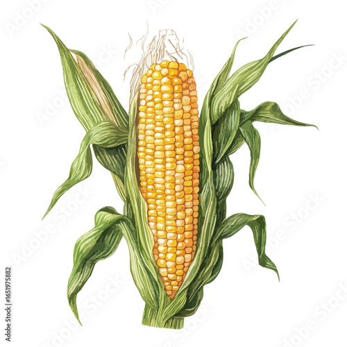 Detailed Corn Cob Illustration with Green Husk and Silky Tassels