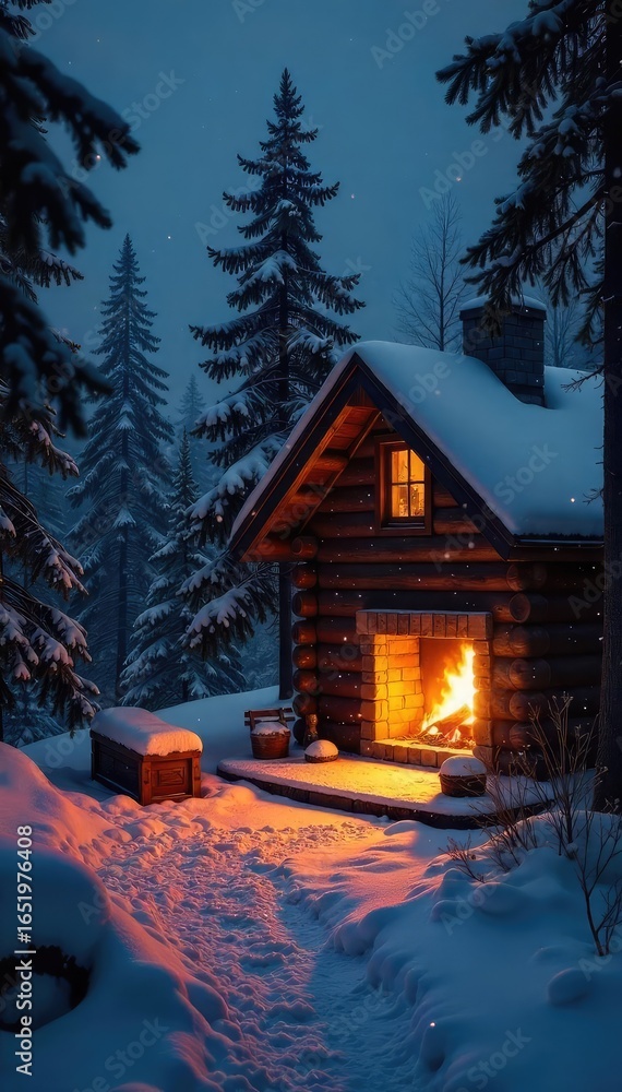 Fototapeta premium Cozy scene of a rustic cabin bathed in the warm glow of a fireplace, snow falling gently outside, evoking a classic Canadian winter night , cabin, countryside, serene