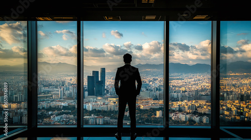 Corporate executive standing confidently in front of large window overlooking sprawling city symbolizing leadership and business success