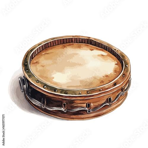 Detailed illustration of a vintage bodhrn drum with textured surface and metal accents
