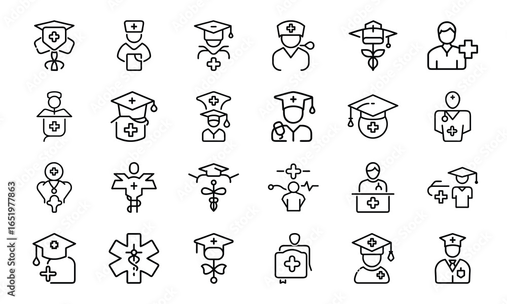 Fototapeta premium 24 Medical and Healthcare Line Icons Hospital, Doctor, Patient Care, Emergency, Surgery, Pharmacy, Vaccination, Telemedicine, First Aid, and Medical Equipment Vector Icon Bundle