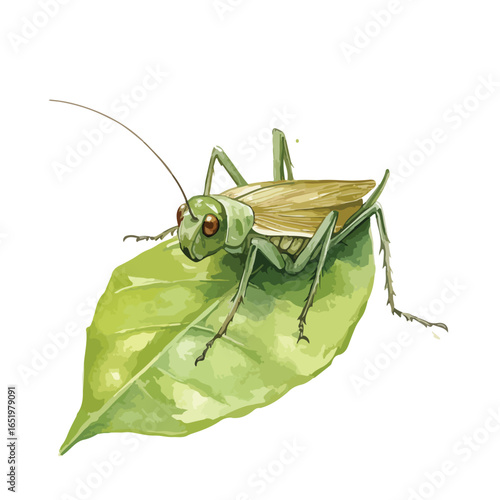 Detailed Watercolor Illustration of a Green Cricket Resting on a Leaf