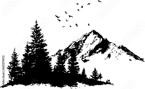 "Whispers of the Wild: Mountain Forest Silhouette"