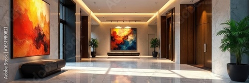 Elegant and spacious foyer with modern art, featuring a sleek marble floor and dramatic lighting, creating a sophisticated and welcoming entrance , spacious, style, design