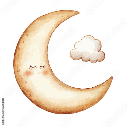 Dreamy Crescent Moon with Rosy Cheeks and a Fluffy Cloud Companion
