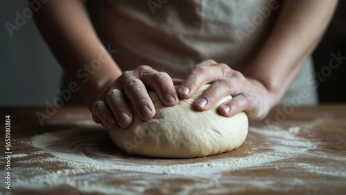 Artisanal Hands Kneading Dough with Focused Effort on a Floured Wooden Surface