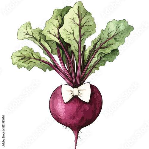 Elegant Beetroot with Bowtie and Lush Green Leaves Illustration