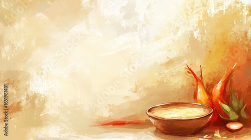 Warm Bowl of Soup with Fresh Ingredients on Abstract Background