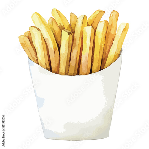 Golden French Fries in a Paper Container Watercolor Style