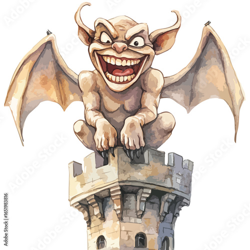Grinning Gargoyle Guarding a Medieval Tower
