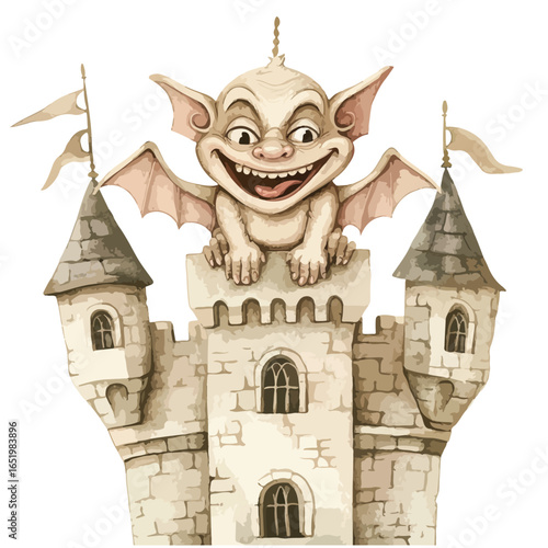 Grinning Gargoyle Perched Atop a Medieval Castle Tower with Pennant Flags