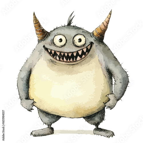 Grinning Gray Monster with Spiral Horns and Spiky Hair Cartoon Style