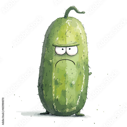 Grumpy Cartoon Cucumber Character with Arms Crossed and a Frowning Expression