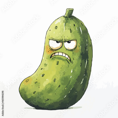 Grumpy Green Pickle Cartoon Character with Angry Expression and Watercolor Texture