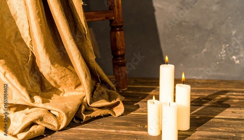 Warm and Inviting Scene with Candles, Brown Fabric, and Rustic Wooden Furniture in Soft Lighting Atmosphere