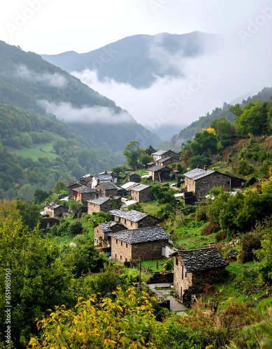 Wallpaper Mural Misty mountain village nestled in a valley, stone houses clinging to hillside Torontodigital.ca