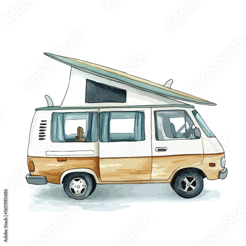 Illustrated Campervan with PopTop Roof and Surfboard Detail Side View