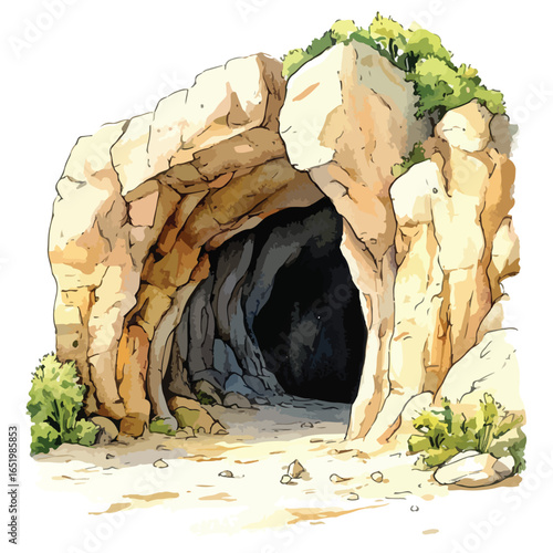 Illustrated rocky cave entrance with sparse vegetation and a dark interior