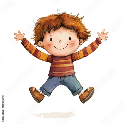 Joyful Cartoon Boy with Arms Outstretched in MidAir Smiling Happily