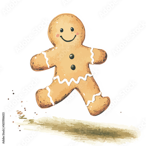 Joyful Gingerbread Man Leaping with Smiling Face and Decorative Icing