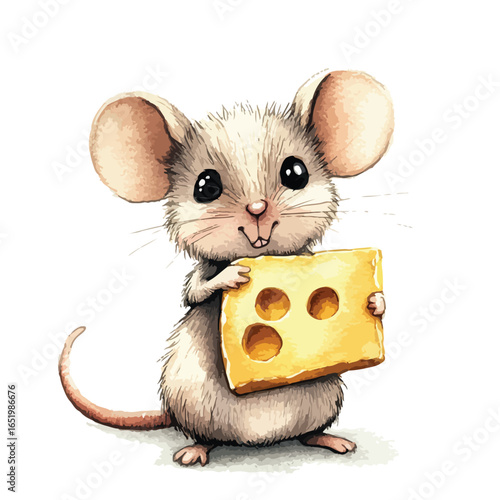 Joyful Mouse with ThreeHole Cheese Watercolor Illustration