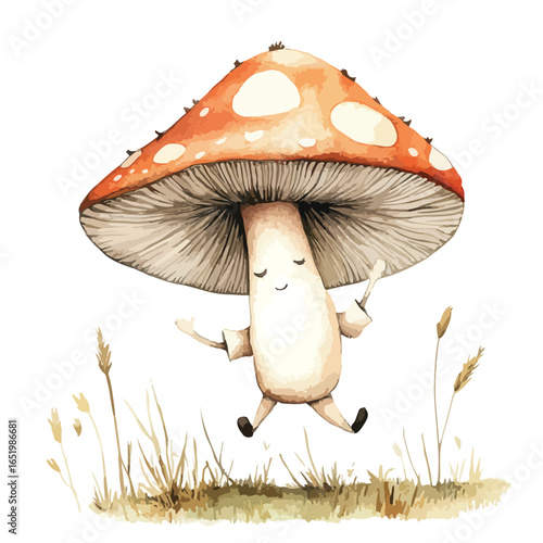 Joyful Mushroom Character Leaping Through Watercolor Meadow with Arms Raised