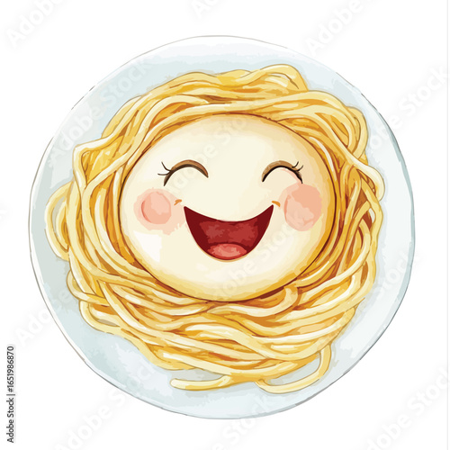 Joyful Spaghetti Face Watercolor Illustration on Plate