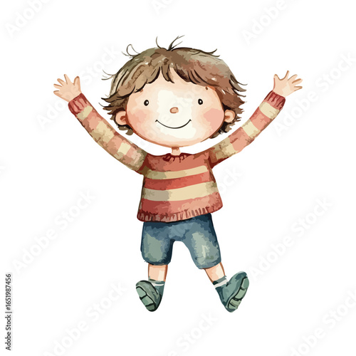 Joyful Watercolor Illustration of a Cheerful Boy with Arms Raised