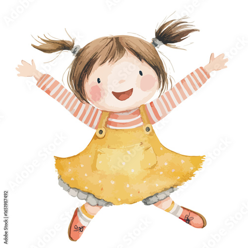 Joyful Watercolor Illustration of a Smiling Girl with Arms Raised in Delight