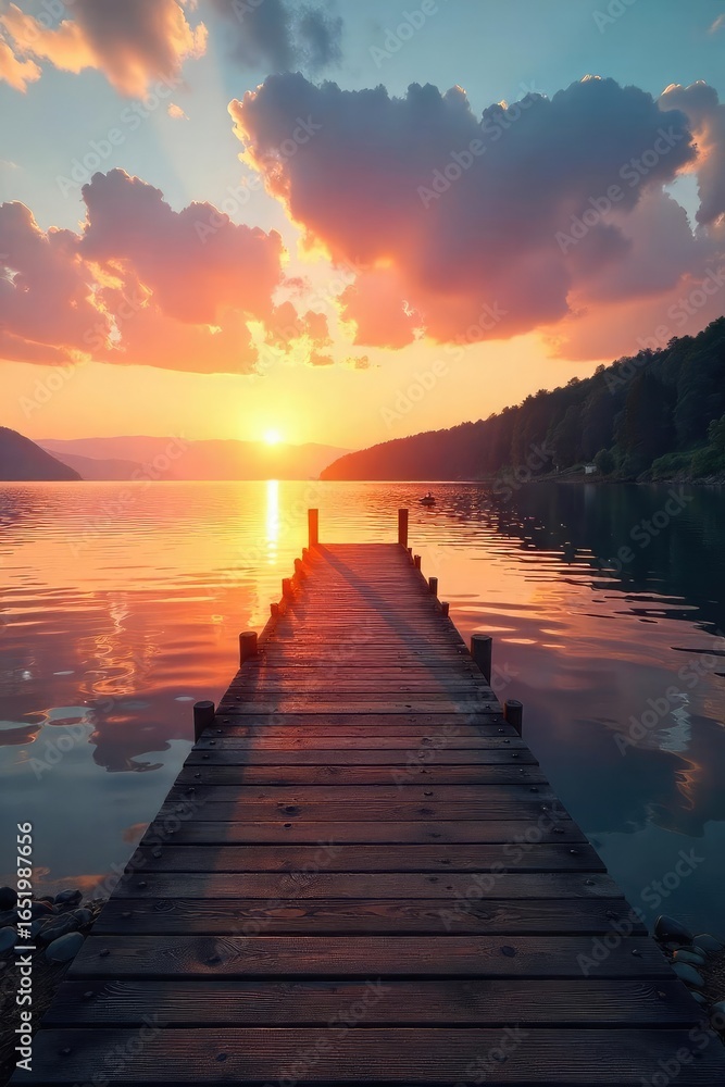 Obraz premium Tranquil sunrise over a serene dock extending into calm waters, the shoreline gently sloping into the lake Perfect for peaceful, nature, and travel themes , lake, coast