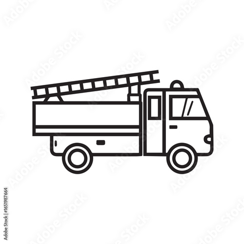 Fire Truck Icon, Emergency Vehicle Line Art, Firefighter Transport Symbol, Vector Illustration.
